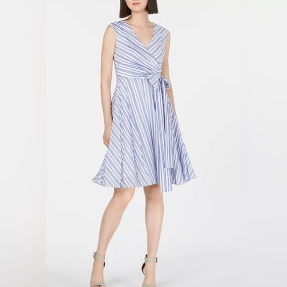 Calvin Klein Blue White Stripe Cotton Fit and Flare Dress Size 2 Wrap Tie - Picture 1 of 8